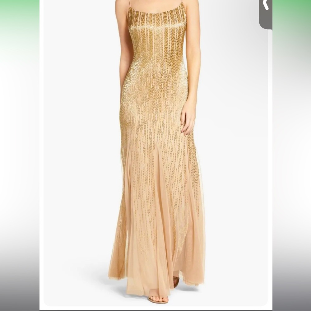 Adrianna Papell Gold/Champagne Fully Beaded Gown.